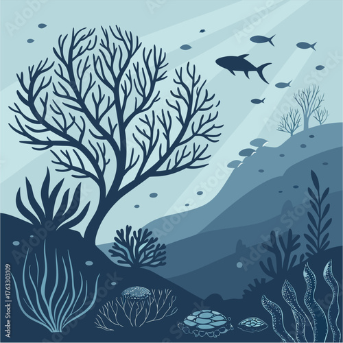 Illustration of an underwater scene. Silhouetted fish swim above a coral reef and vegetation, with sun rays shining down.

