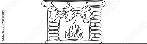 Continuous one line drawing of cozy fireplace with hanging Christmas stockings, minimalist holiday interior art design