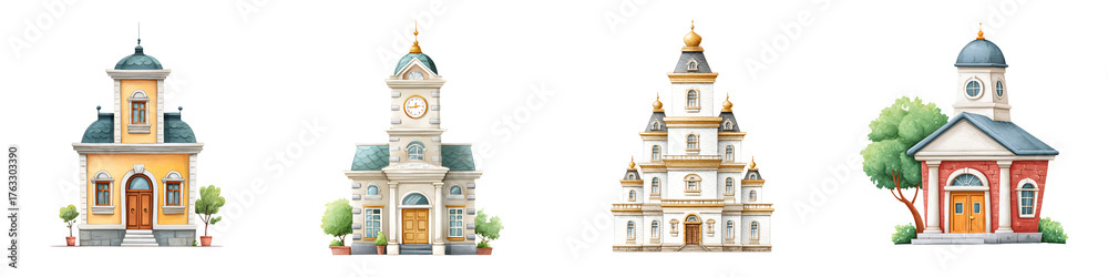 Fototapeta premium Watercolor Collection of Various Church Buildings Isolated on White