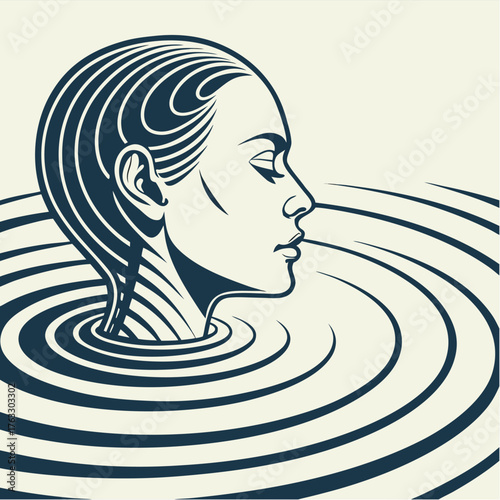 Stylized illustration of a person's head in water, creating ripples. The image is a blue line drawing on a light tan background.

