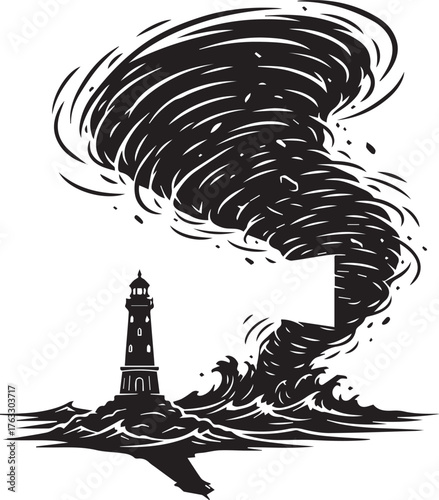 Monochrome illustration of a lighthouse standing firm against a powerful tornado and turbulent ocean, symbolizing resilience, guidance, and strength amidst profound chaos