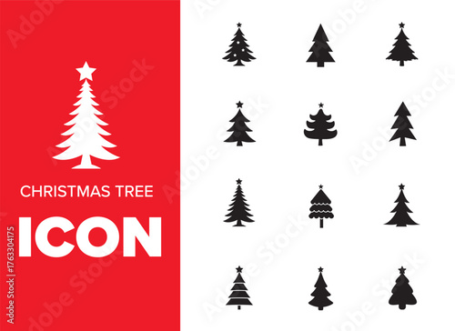 Isolated Christmas tree icon with a star. Christmas tree icon collection - vector illustration. Pine Silouette icon set. Fir tree vector set. Various Christmas tree silhouettes.