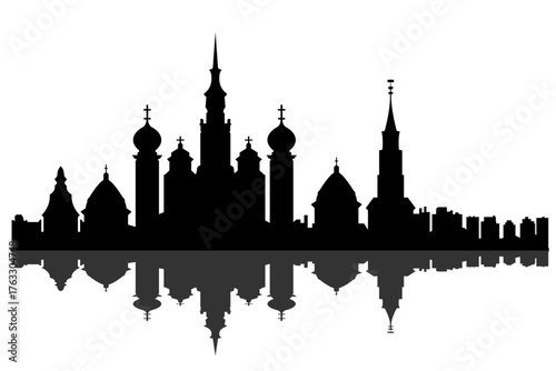 City architecture vector panorama black silhouette with reflection below