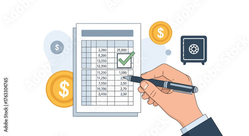 Flat Illustration Financial Report with Hand and Pen Checking Document
