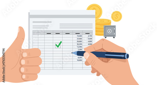 Flat Illustration of Hand Working on Financial Spreadsheet with Coin and Safe