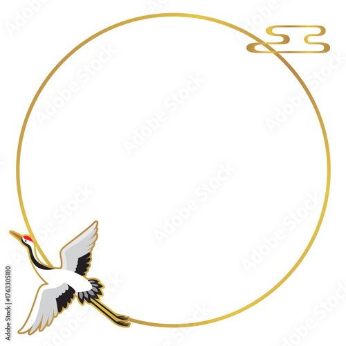 縁起の良い鶴と金色の円形フレーム／正月や結婚式に使える和風の飾り枠ベクターイラスト