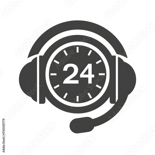 247 service icon featuring a headset combined with a clock face
