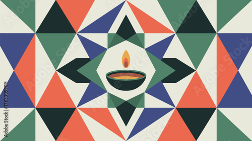 A shopping cart illustration on a checkered background with purple green and beige squares design