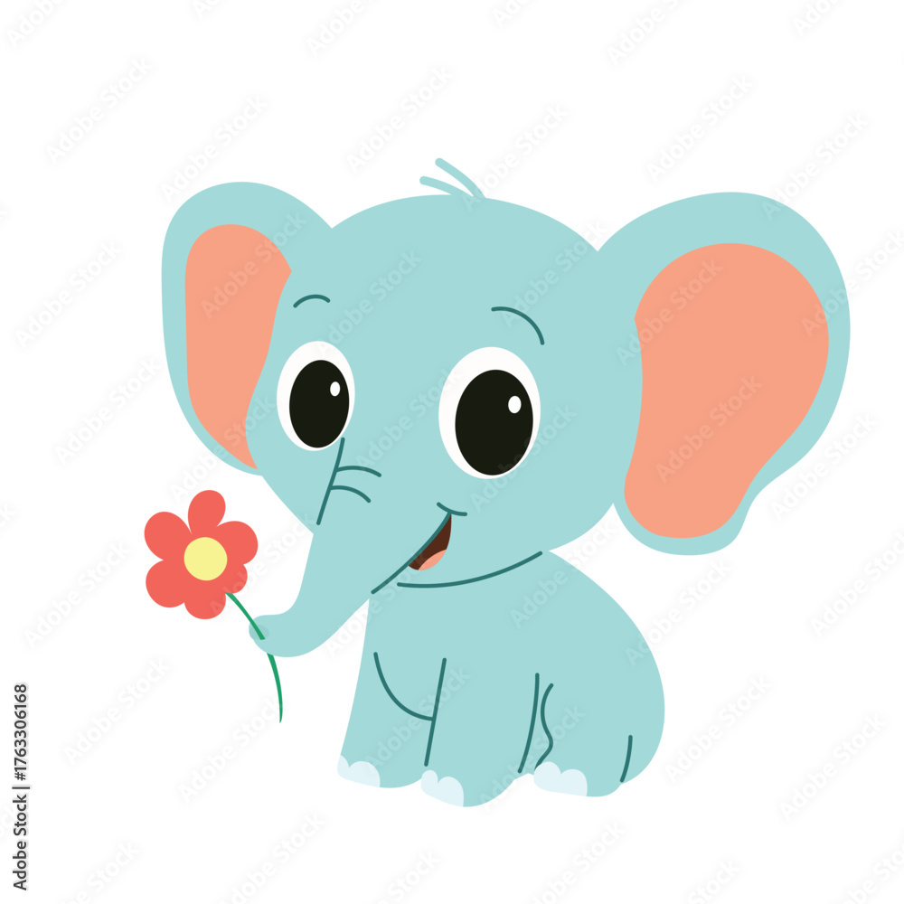 Naklejka premium Cute Elephant with Flowers Isolated on Transparent Background.
