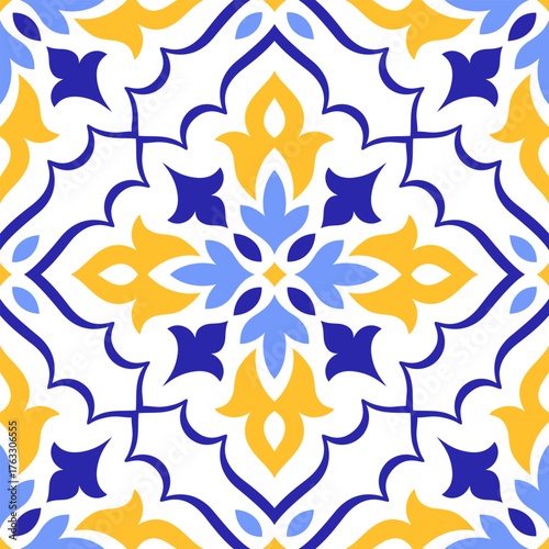 Mediterranean blue yellow seamless pattern on white background. Traditional Portuguese, Moroccan, Sicilian, or Spanish motifs. Geometric mosaic. Floral ornament tile. Vector illustration