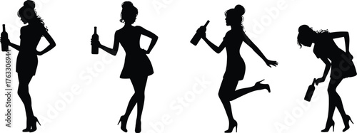 Women silhouettes illustration, stylish female posture, bottle holding figure, party lifestyle vector, fashion design art, celebration concept, nightlife drawing