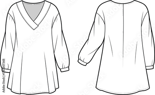 Women’s blouse vector illustration, front and back view, high neck tie detail with voluminous sleeves, fashion CAD drawing, stylish apparel flat sketch