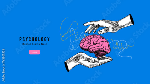 Trendy collage of sketch hands with brain. Human mind care, therapy, mental health, psychology, neuroscience, clinic, psychotherapy concept. Hand drawn vector illustration.