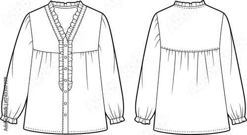 Women’s blouse vector illustration, front and back view, ruffle collar V‑neck button design, fashion CAD drawing, stylish apparel flat sketch