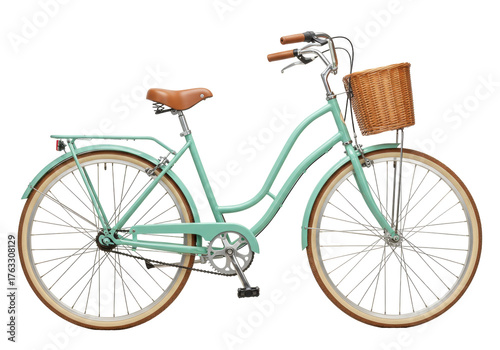 Isolated classic cruiser bicycle with basket, leisure ride on two wheels, healthy lifestyle