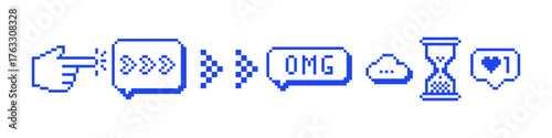 Y2k pixel retro UI blue vector elements. 8 bit game style nostalgic 90s icons. Forefinger pointing icon, speech bubble, phrase Omg, countdown clock, arrows, cloud icon on white background