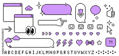 Y2k retro dialogue box set, pixel font. 8 bit communication purple elements of speech bubble, chat balloon, forefinger pointing icon, emoticon icons for text message, game interface, streaming overlay
