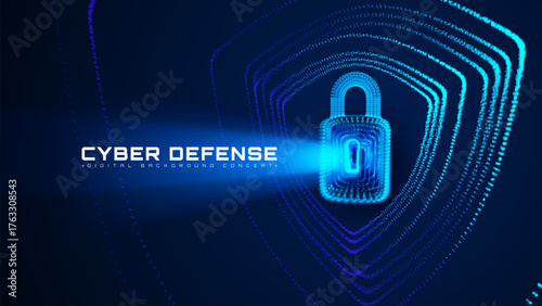 Futuristic Cyber Data Protection Background With Glowing Blue Padlock Shield Element Design. Vector Illustration.