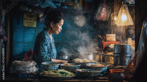 Fototapeta Naklejka Na Ścianę i Meble -  In a small street food stall, a middle-aged Vietnamese woman prepares noodle soup. Steam fills the air as she carefully tends to the dishes, showcasing her culinary skills