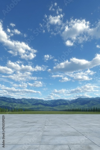 Serene Landscape with Mountain Range Under a Cloudy Blue Sky from Low Angle on Concrete Platform