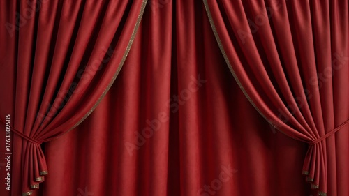 Elegant red velvet curtains with golden trim, tied back, creating a luxurious and festive background. Perfect for theater, Christmas, event design, copy space, and rich texture.