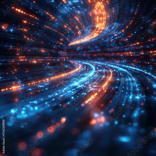 Abstract technological movement: deep blue hues, light beams in a curved tunnel