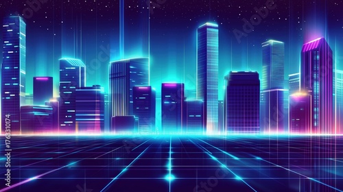 Retro futuristic cityscape: 1980s neon lights and cyberpunk architecture