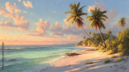 Tropical Beach Paradise with Palm Trees at Sunset Serene Ocean View Coastal Landscape Vacation Destination Golden Hour Light
