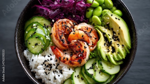 Colorful, healthy poke bowl with shrimp, rice, avocado, cucumber, and edamame.