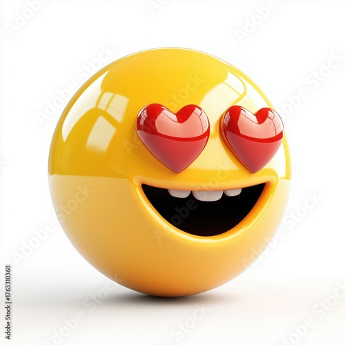 Joyful cartoonish emoji character with large red hearts as expressive eyes, isolated on white background