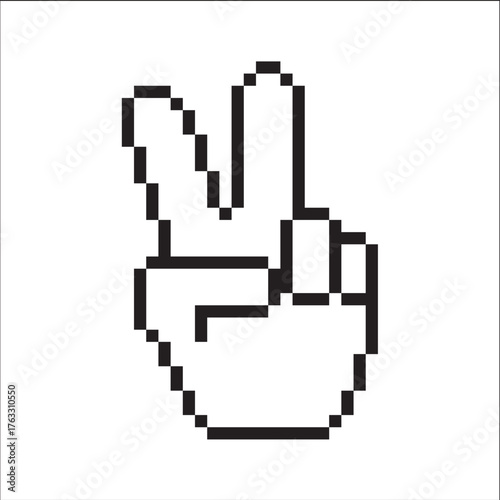 Pixelated hand making a peace sign with two fingers raised, outlined in black against a white background