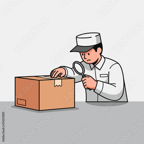 Inspector carefully examining package with magnifying glass for detail