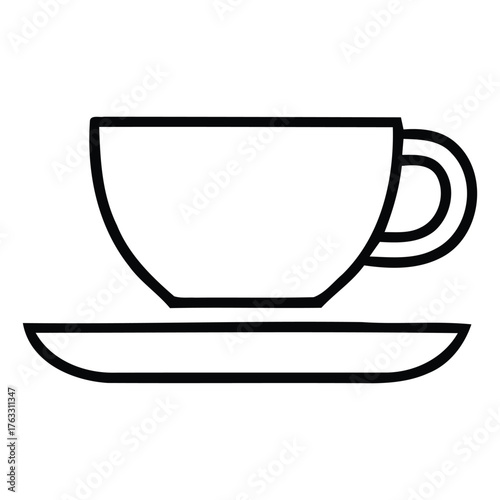 Simple teacup and saucer icon minimalist vector line drawing isolated on white background for cafe or restaurant design