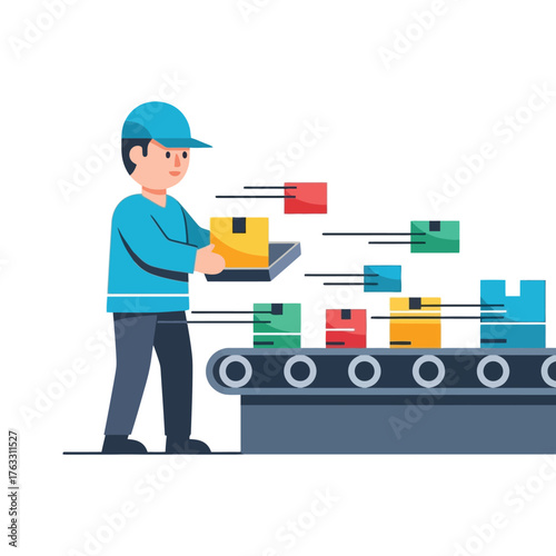 Efficient worker manages colorful boxes on conveyor belt in factory setting
