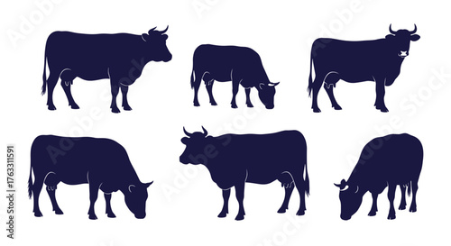 Silhouette of Six Cows Grazing on White Background.