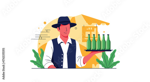 Waiter holding tray of green bottles at outdoor bar.