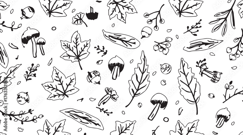 Obraz premium Deciduous leaves hand drawn black and white pattern background