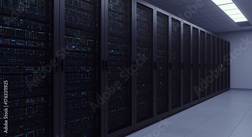 Server room with rows of black server racks