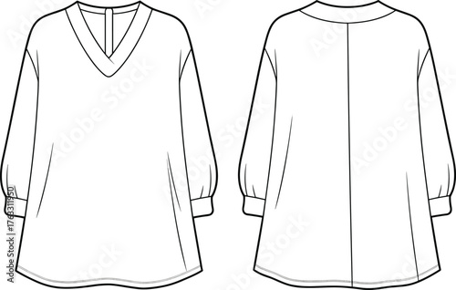 Women’s tunic top vector illustration, front and back view, long sleeve V‑neck design, fashion CAD drawing, stylish apparel flat sketch