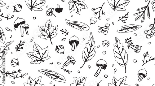 Deciduous leaves hand drawn black and white pattern background