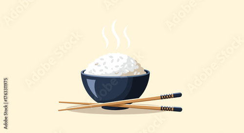 Steaming bowl of rice with chopsticks ready to eat.