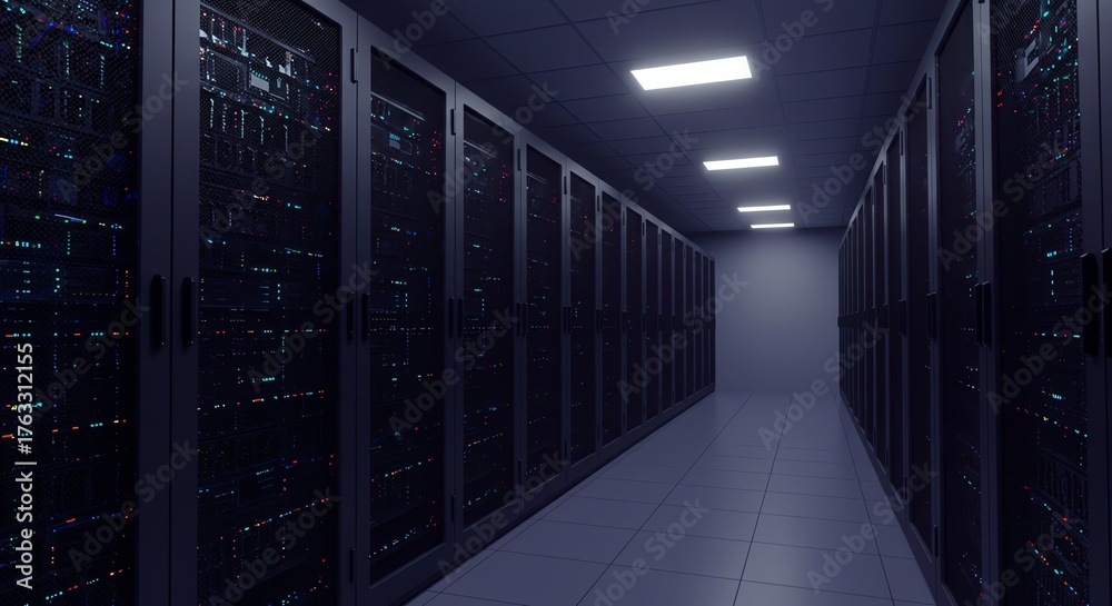 Fototapeta premium Server room with rows of racks and equipment