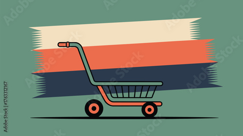 A shopping cart illustration with retro stripes in the background on a green background image style