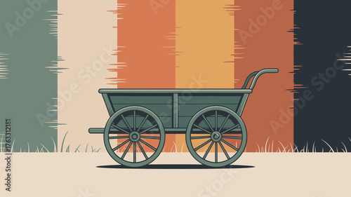 A wooden cart with two wheels standing on a beige surface with a striped background design behind it