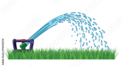 Sprinkler watering green grass in the bright sunlight.