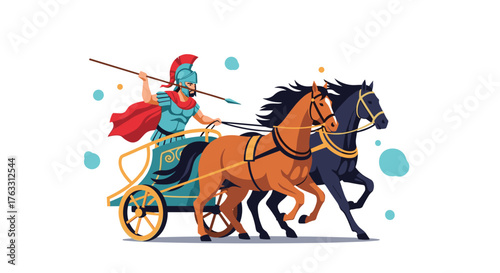 Ancient Chariot Warrior Commanding Horses in Battle.