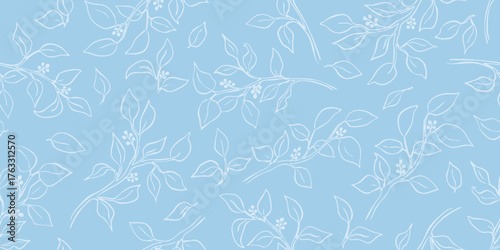 botanical branches line art seamless pattern on light blue background in minimalist vector style