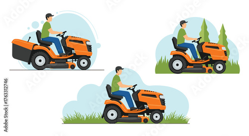 Man operating orange riding lawnmower on green grass.