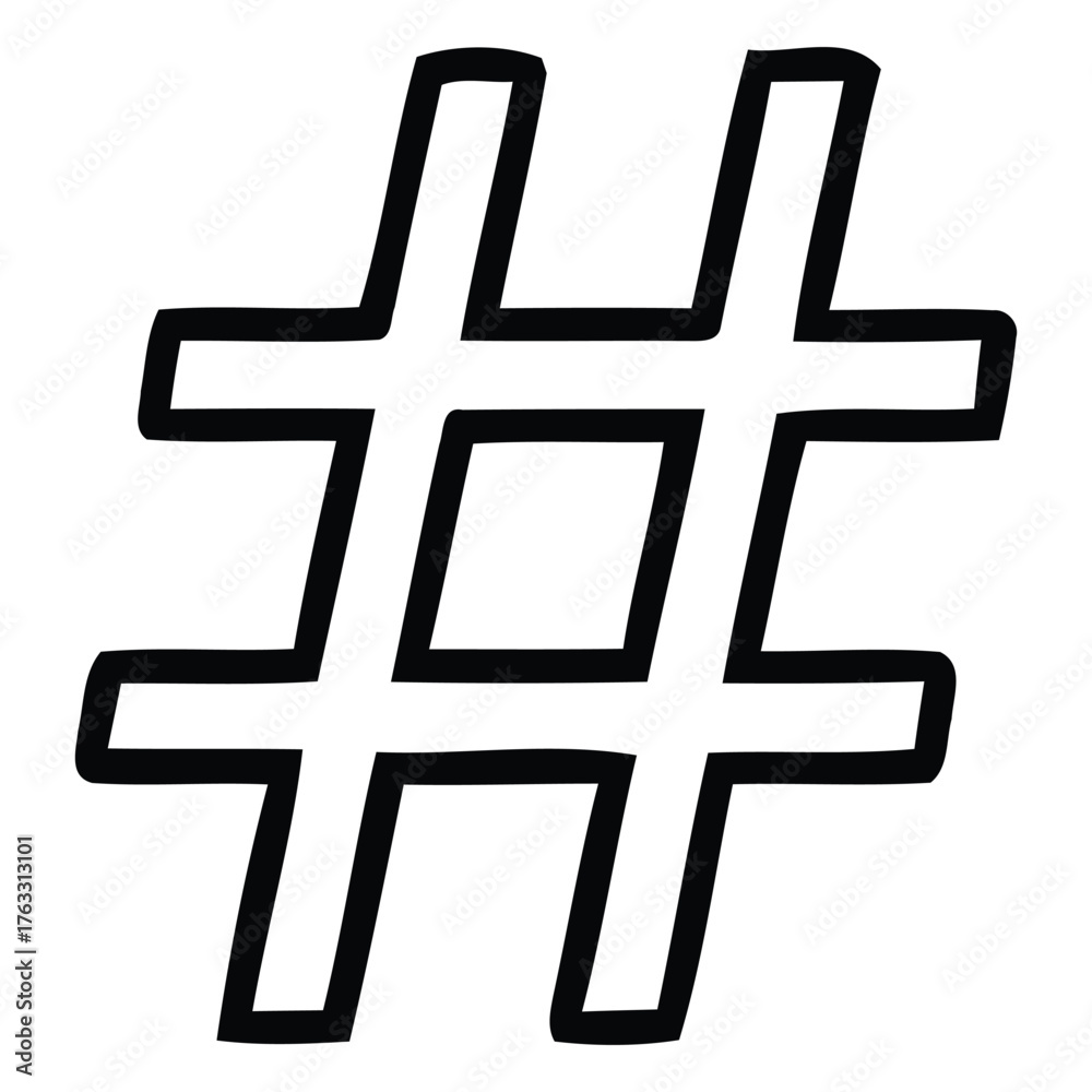 Fototapeta premium Hand-drawn hashtag symbol simple black and white vector illustration isolated on white background for social media and web design