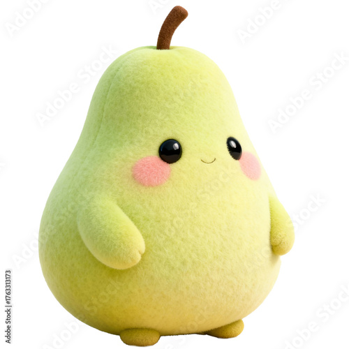 Cute 3D plush pear kawaii cut-out character. Adorable smiling fruit mascot png design element.